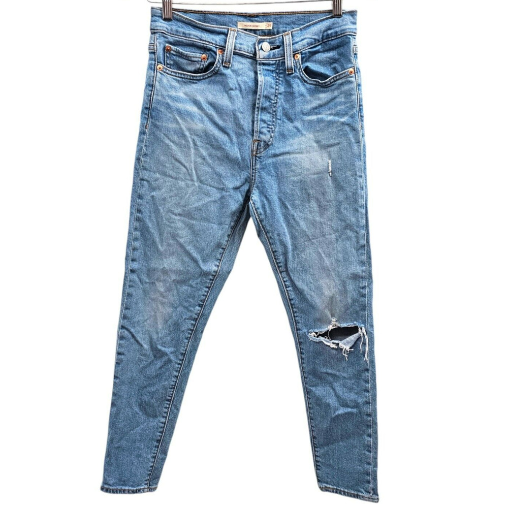 Levis Womens Wedgie Skinny Jeans Light Blue Distressed Ripped High Rise Size 29